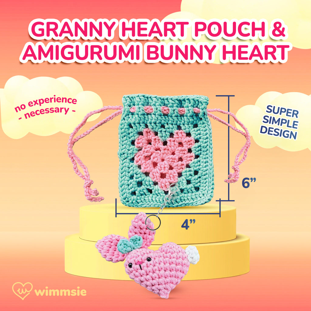 amigurumi bunny heart keychain and granny square heart purse crochet kit for beginners no experience necessary simple pattern 