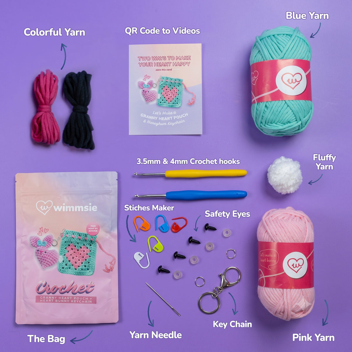 wimmsie crochet kit granny square heart purse and bunny heart keychain DIY beginner crochet kit contents - easy peasy yarn 